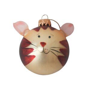Vintage Round Striped Cat Kitty Face Christmas Tree Ornament Glass